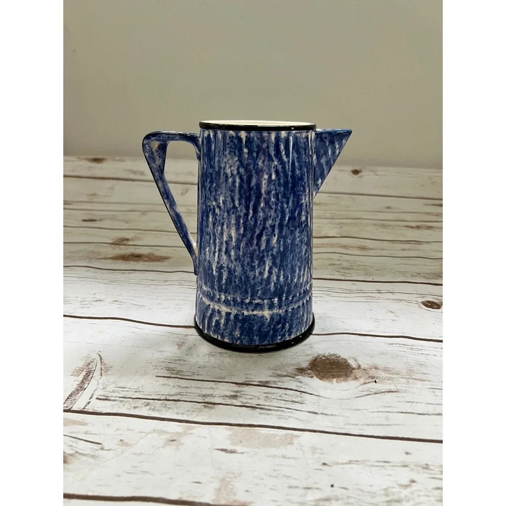 Schmid Design Folio Pitcher Blue White Spongeware Ceramic Farmhouse 7.25in
